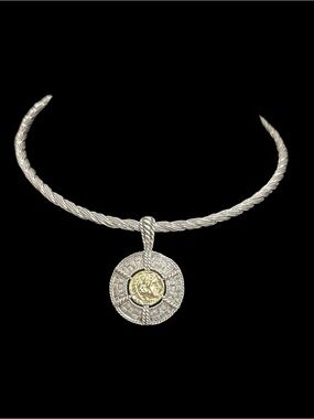 #58 Silver Tone Necklace with Gold-Tone Coin Pendant - Two-Tone Women’s Jewelry